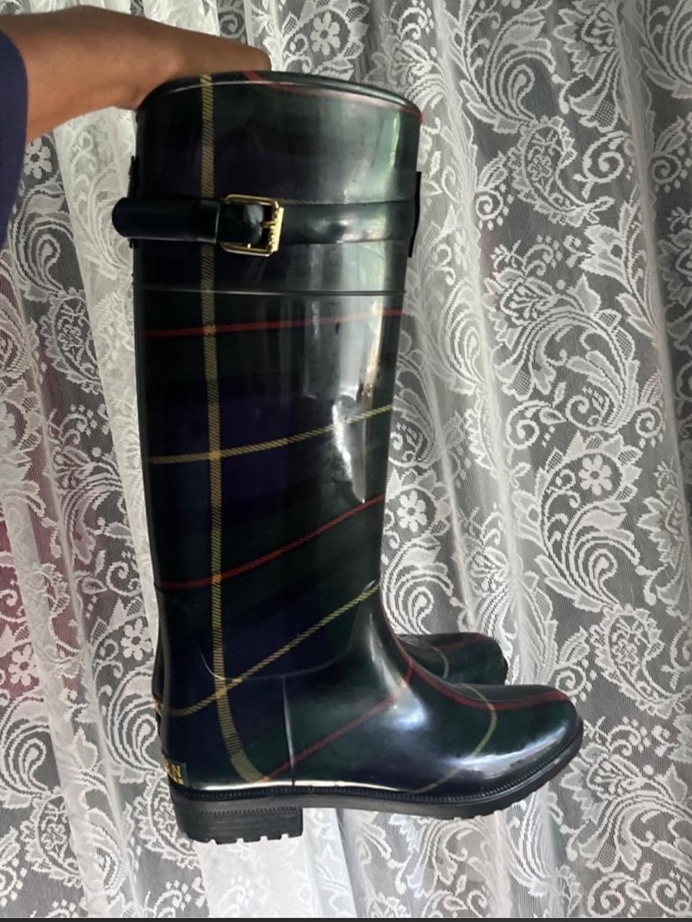 Classic Polo by Ralph Lauren Black Gloss Tartan Tall Rain Boots Vintage